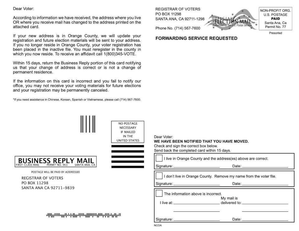 In 2018, election officials in Orange County, Calif., mailed notifications to registered voters whom county records suggested had moved, informing them that they would automatically update the voters’ registration information. Registrar of Voters, Orange County, California