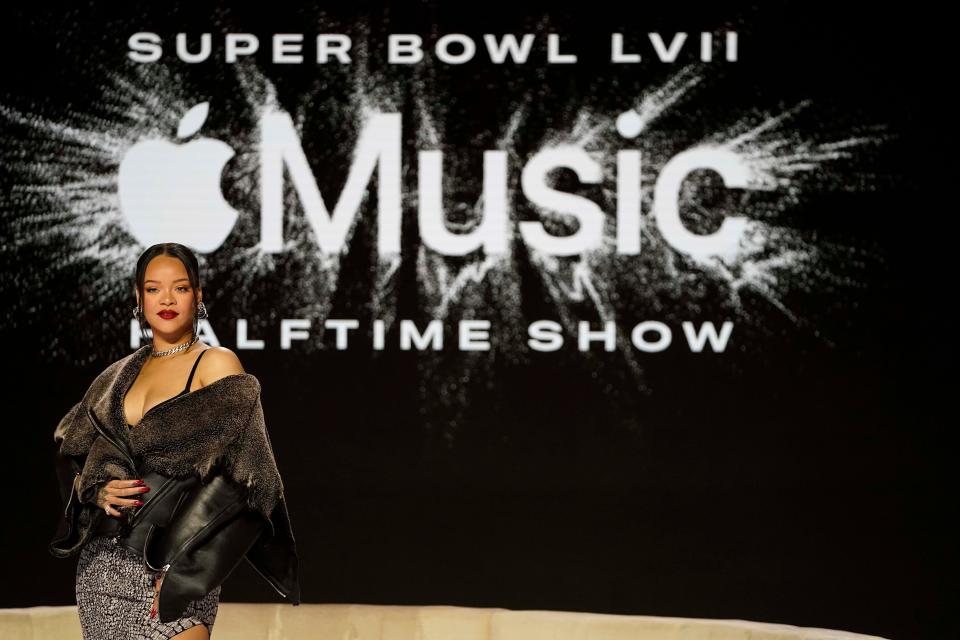 Rihanna poses for a photo after a halftime show news conference, Feb. 9 in Phoenix.