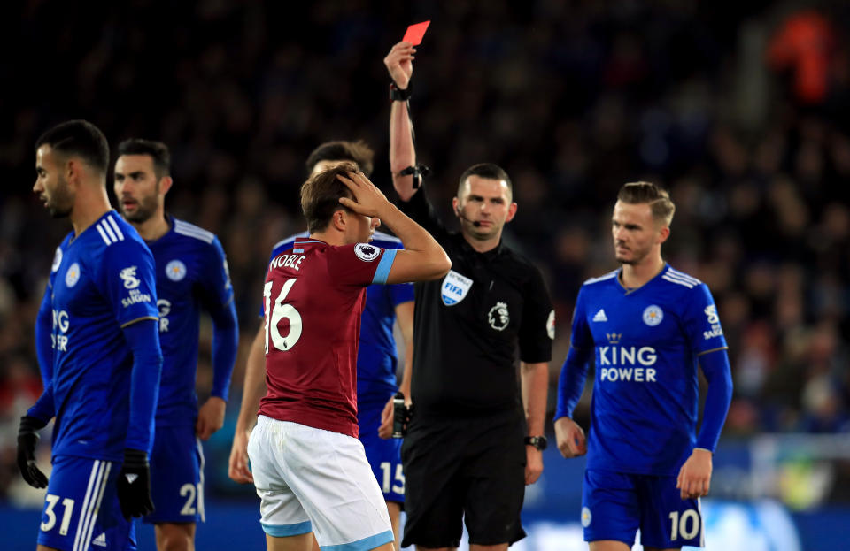 West Ham captain Mark Noble is shown a 38th-minute red card by referee Michael Oliver