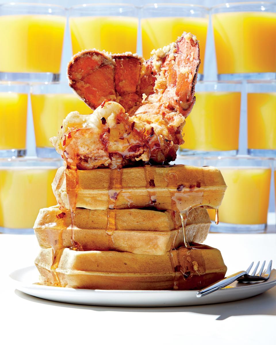 Fried Lobster Tails with Sweet Corn Waffles and Spicy Maple Syrup