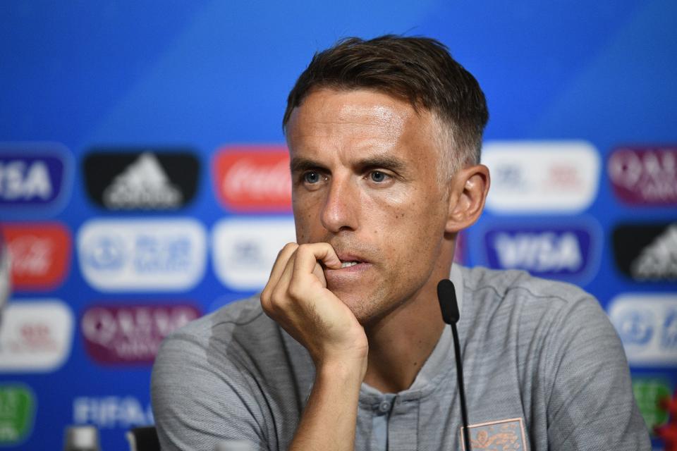 England's head coach Phil Neville gestures during a press conference at the Groupama stadium in Lyon, on June 30, 2019, during the France 2019 Women's World Cup. - USA will face England during the France 2019 Women's World Cup semi-final football match on July 2, 2019. (Photo by FRANCK FIFE / AFP)        (Photo credit should read FRANCK FIFE/AFP/Getty Images)