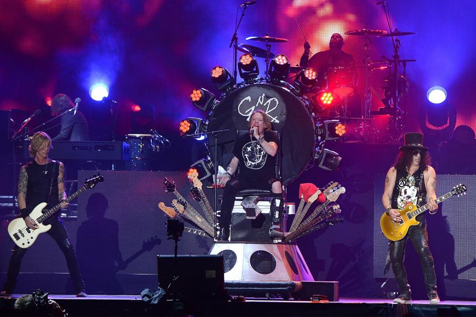 Duff McKagan, Axl Rose and Slash of Guns N' Roses performs onstage during day 2 of the 2016 Coachella Valley Music &amp; Arts Festival Weekend 1 at the Empire Polo Club on April 16, 2016 in Indio, California.