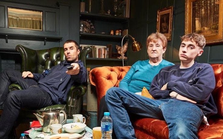 Liam Gallagher, mum Peggy and son Gene (with trademark Gallagher scowl) are appearing on this week's Celebrity Gogglebox - Jude Edington/Channel 4