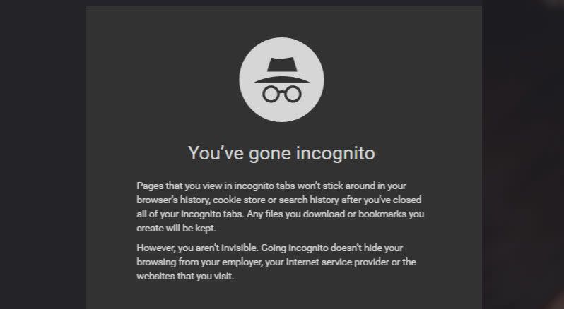 The warning message that appears when you launch Incognito Mode.