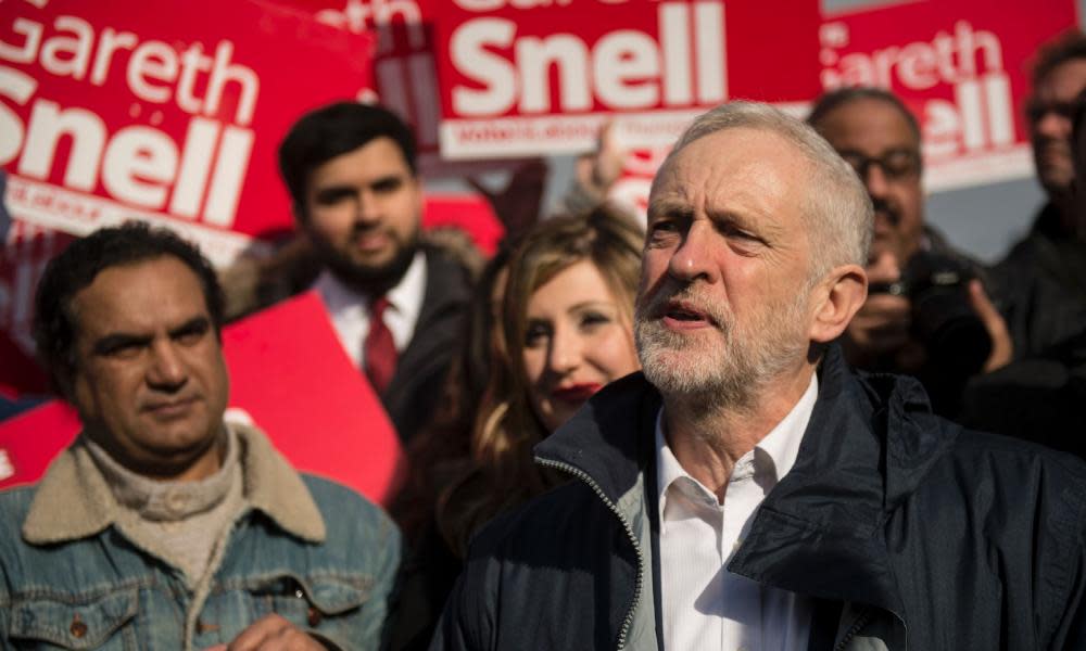 Jeremy Corbyn in Stoke-on-Trent after the byelection victory of Gareth Snell (not seen) in February 2017.