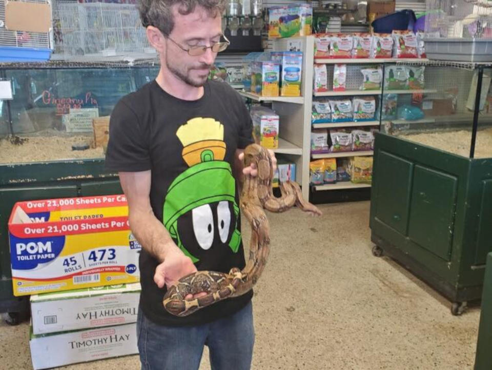 A man at the local pet shop holds the snake.