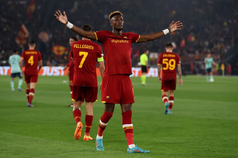 Tammy Abraham celebrates after scoring for Roma against Leicester City