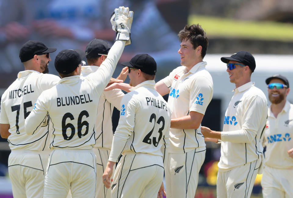 New Zealand's William O'Rourke, third right, celebrates with teammates the wicket of Sri Lanka's Pathum Nissanka on the third day of the first cricket test match between New Zealand and Sri Lanka in Galle, Sri Lanka, Friday, Sept. 20, 2024. (AP Photo/Viraj Kothalawala)