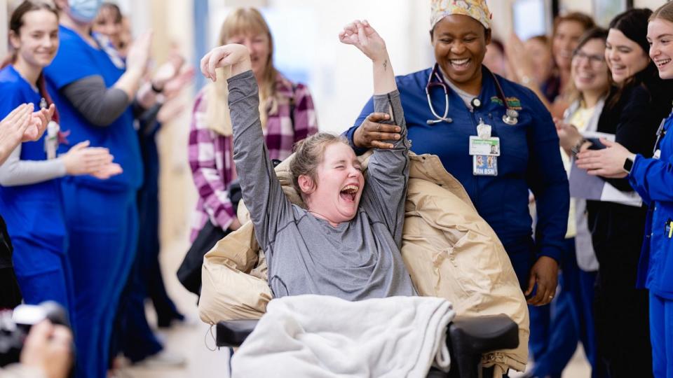 PHOTO: Jennifer Flewellen of Dowagiac, Michigan, is pictured leaving Mary Free Bed Rehabilitation in Grand Rapids, Mich. (Mary Free Bed Rehabilitation)