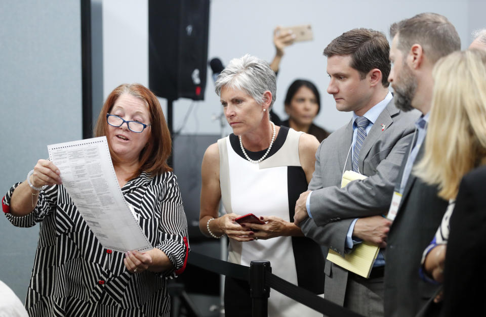 Judge Deborah Carpenter-Toye, left, Canvassing Board member, shows political observers a test ballot that needs replacing at the Broward County Supervisor of Elections office, Nov. 12, 2018, in Lauderhill, Fla. (Photo: Wilfredo Lee/AP)