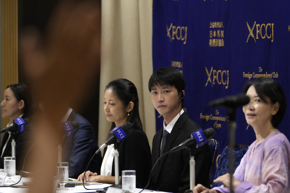 Taiwanese table tennis player Chiang Hung-chieh, second left, former husband of Ai Fukuhara, Japanese table tennis star, speaks during a news conference at the Foreign Correspondents' Club of Japan (FCCJ) in Tokyo, Japan, Thursday, July 27, 2023. Japan’s once beloved table tennis star Ai Fukuhara is at the center of a child custody feud following the break-up of her marriage to a Taiwanese player who was also a star in the sport in his country. (AP Photo/Shuji Kajiyama)