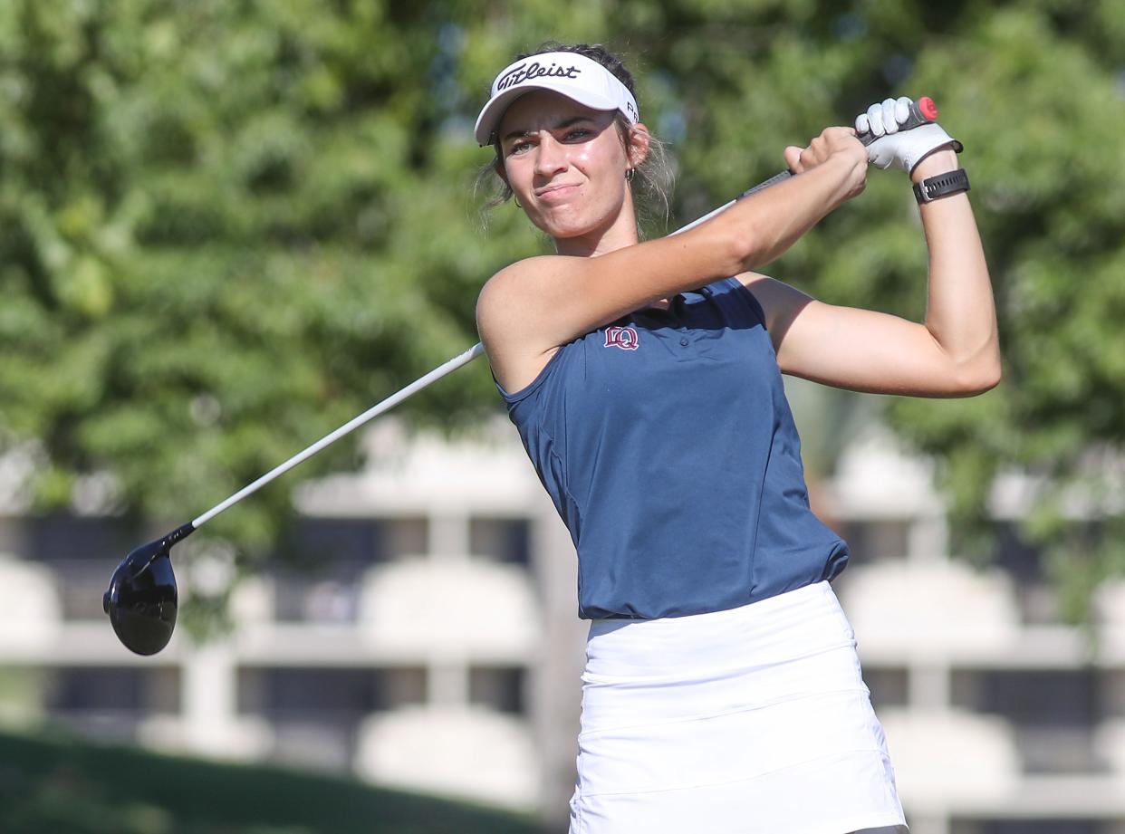 Haylie Hutchinson of La Quinta tees off on the 10th hole at Marriott Desert Springs during the Desert Empire League girls golf individual finals in Palm Desert, Calif., Oct. 19, 2022.