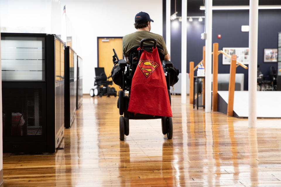 Derek O'Brien, an iBOT personal mobility device user, drives through Mobius Mobility headquarters, on May 4, 2021, in Manchester, New Hampshire. (Kayana Szymczak for Yahoo News)





