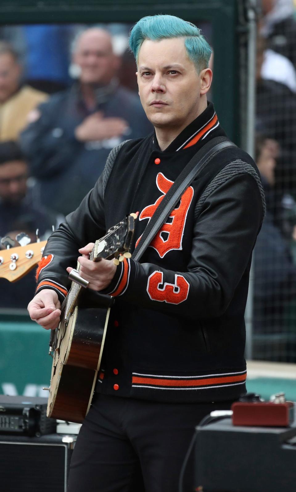 Jack White performs the national anthem before the Detroit Tigers opener against the Chicago White Sox Friday, April 08, 2022, at Comerica Park.