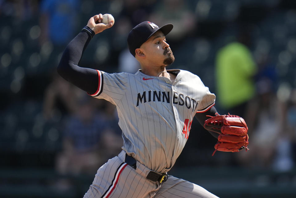 Minnesota Twins starting pitcher Pablo López throws against the Chicago White Sox during the first inning in the second baseball game of a doubleheader Wednesday, July 10, 2024, in Chicago. (AP Photo/Erin Hooley)