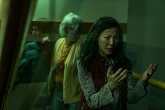Ke Huy Quan, Jamie Lee Curtis and Michelle Yeoh in a scene from 