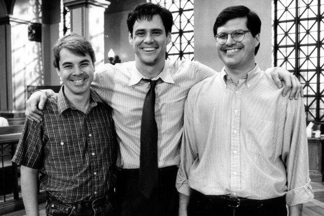 L-R: Paul Guay, Jim Carrey, and Stephen Mazur on the set of Liar Liar