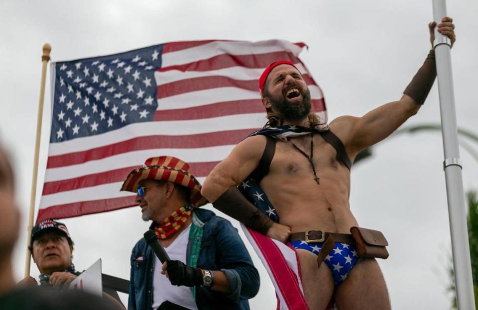 ‘MAGA Man’ attends a Donald Trump rally outside of La Carreta in MiamiÕs Olympia Heights neighborhood on Saturday, November 7, 2020. A large crowd of Trump supporters arrived to the rally after former vice-president Joe Biden won the presidential election against Trump.