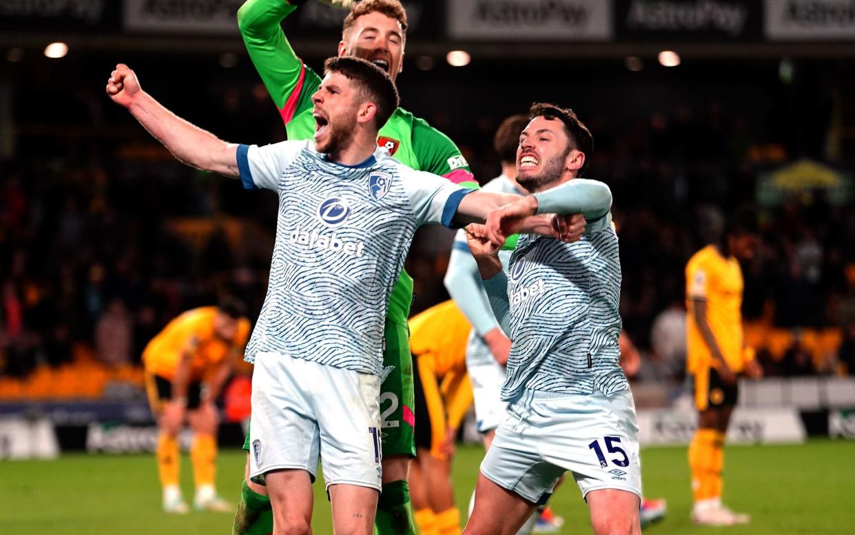 Bournemouth's Ryan Christie, Adam Smith and goalkeeper Mark Travers celebrate after the final whistle