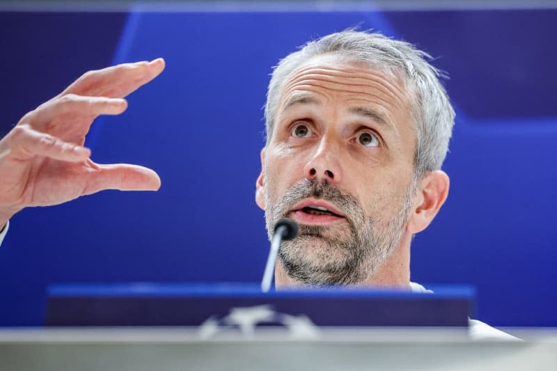 Leipzig's coach Marco Rose speaks during a press conference at the Estadio Santiago Bernabeu, ahead of the Wednesday's UEFA Champions League round of 16 second leg soccer match against Real Madrid. Jan Woitas/dpa