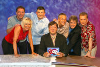 LONDON - MAY 21: The cast of the sport relief special 'They think it's a question of sport' in 2002. From left to right: Sue Barker, Ally McCoist, John Parrott, Stephen Fry, Gary Linekar, Nick Hancock, Frank Skinner.(Photo by Ken McKay/Comic Relief/Getty Images)