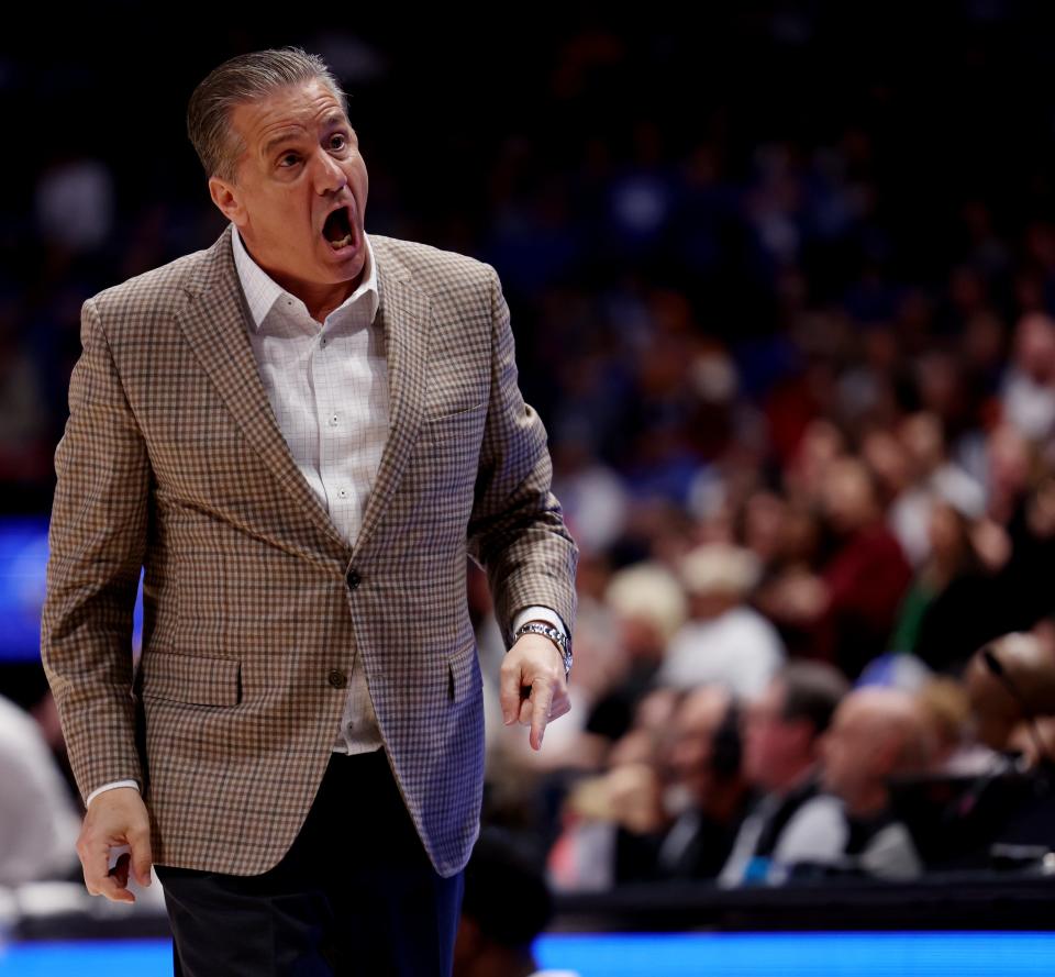Kentucky Wildcats coach John Calipari calls out his team during the quarterfinal game against Texas A&M of the SEC men's basketball tournament at Bridgestone Arena in Nashville, Tennessee, Friday, March 15, 2024.
