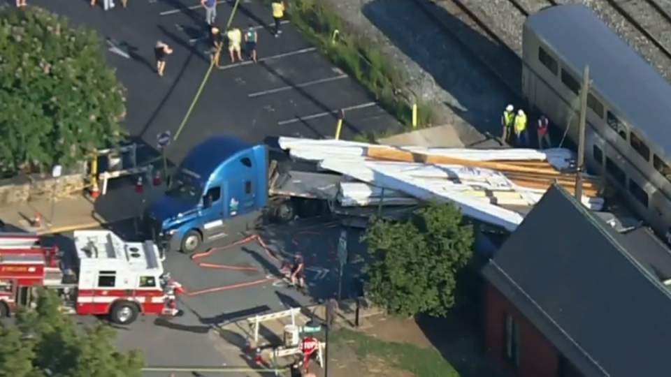 An Amtrak train struck a tractor trailer in Rockville, Maryland, on Wednesday, August 3, 2022. 