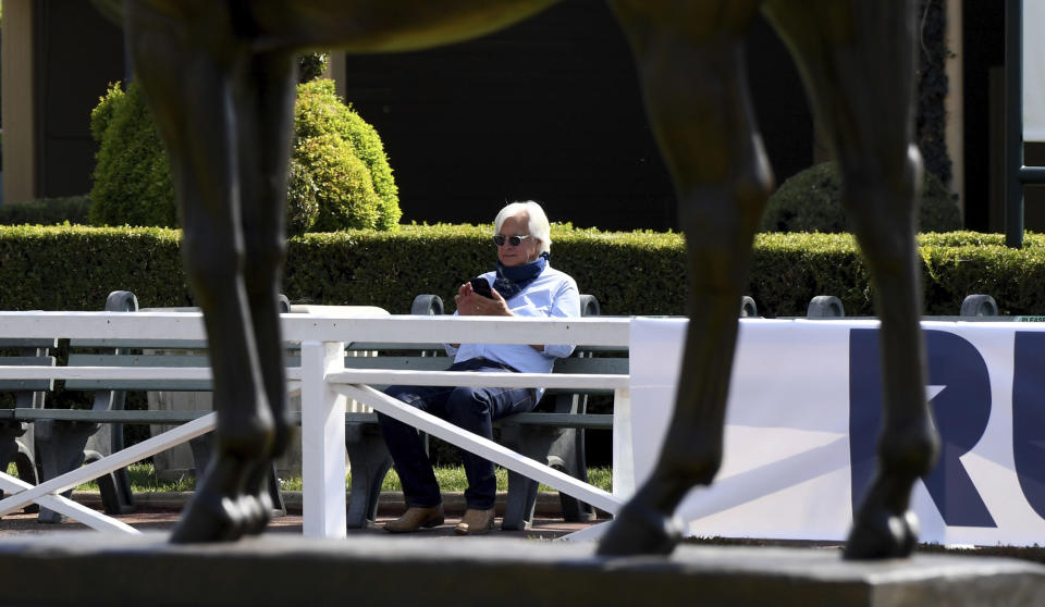 Trainer Bob Baffert attends the first day of the fall meet at Santa Anita in Arcadia, Calif., Friday, Sept. 25, 2020. Spectators were not allowed in during the coronavirus pandemic. ( Keith Birmingham/The Orange County Register via AP)