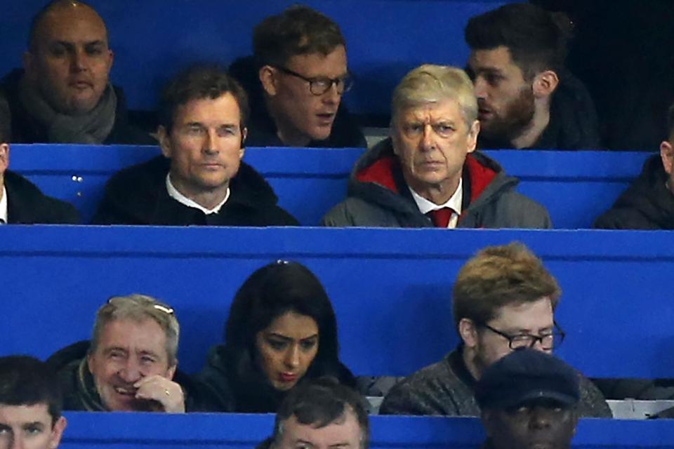 This seat is reserved! Arsene Wenger sits with journalists at Stamford Bridge for Chelsea vs Arsenal EFL Cup clash