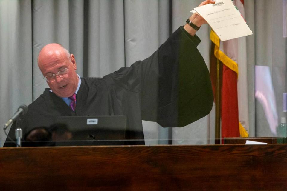 Judge David Hall presides over a hearing over sealed public records requested by The News & Observer at the Forsyth County Courthouse in Winston-Salem Monday, Feb. 8, 2021. The records could shed light on the actions of deputies in Winston-Salem that led to the death of John Neville while in jail.