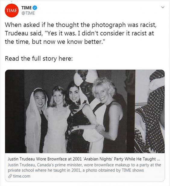 Canada's Prime Minister Justin Trudeau wearing brown face at a party in 2001, courtesy of Time magazine (AFP PHOTO / TIME MAGAZINE/TIME TWITTER FEED)