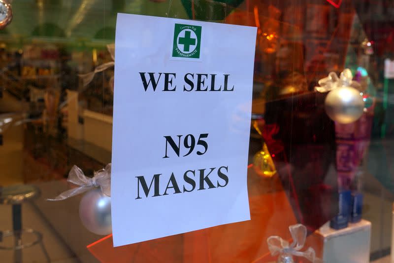 A pharmacy displays a sign for N95 face masks in advance of the potential coronavirus outbreak in the Manhattan borough of New York City