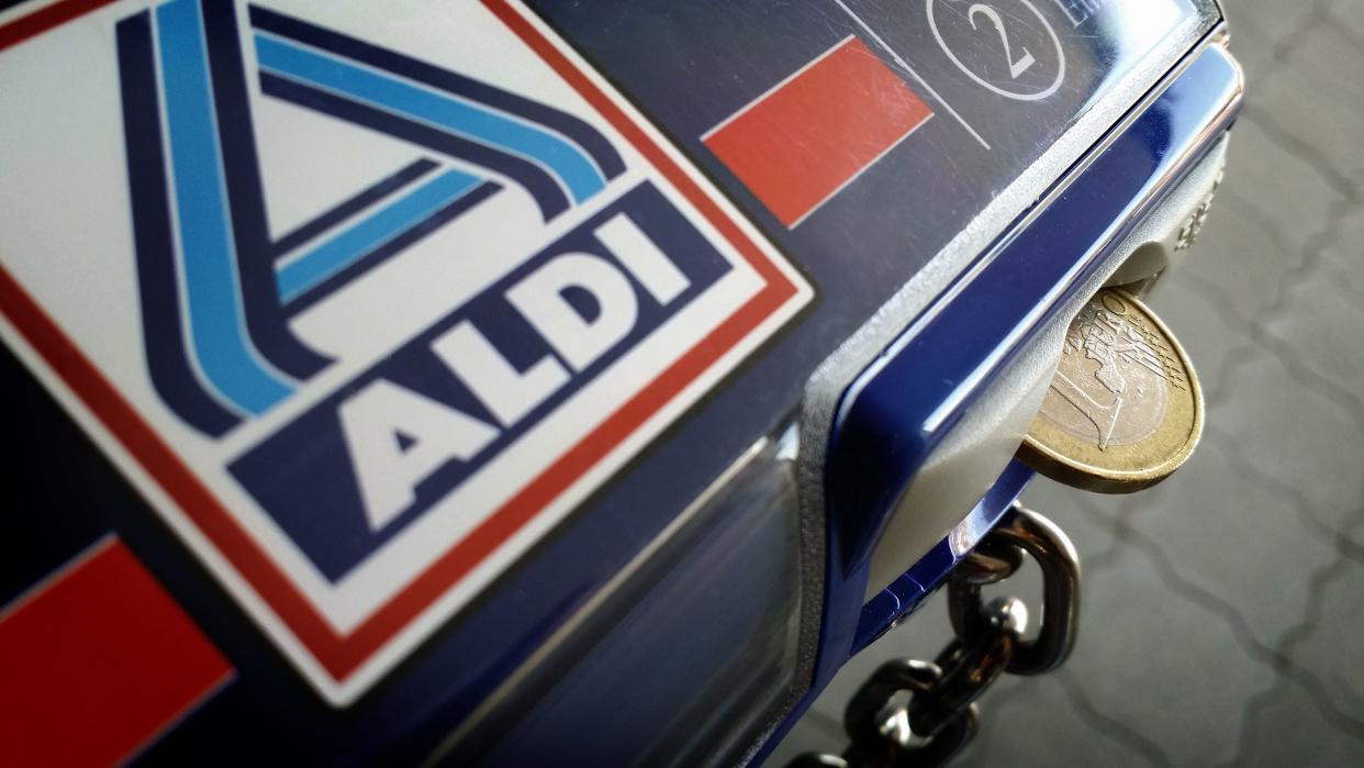 Hamburg, Germany - April 16, 2014: Close up of a new Aldi Shopping Cart from a just opened new Aldi Discounter. Aldi is a German large discount chain splitted in Aldi Nord and Aldi Süd.