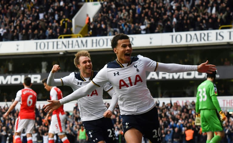 Tottenham Hotspur's midfielder Dele Alli (R) celebrates scoring with Christian Eriksen on April 30, 2017