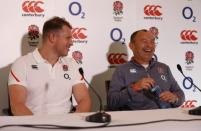 Britain Rugby Union - England Training & Press Conference - Pennyhill Park, Bagshot, Surrey - 24/2/17 England Head Coach Eddie Jones and Dylan Hartley during the press conference Action Images via Reuters / Andrew Boyers