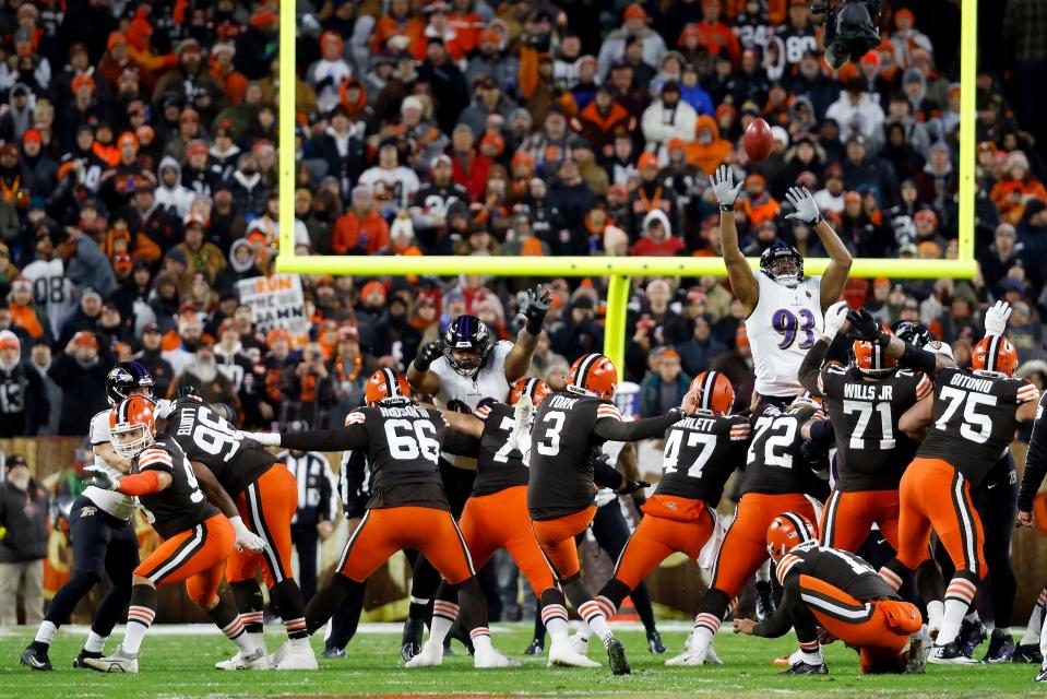 Cleveland Browns place kicker Cade York (3) kicks a field goal during an NFL football game against the Cleveland Browns, Saturday, Dec. 17, 2022, in Cleveland. (AP Photo/Kirk Irwin)