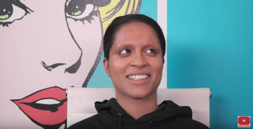 Using an Elmer’s glue stick, Johnson gave the illusion of no eyebrows on Singh. (Photo: YouTube/Kandee Johnson)