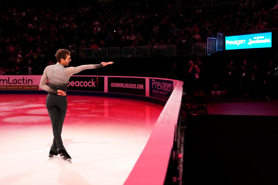Jason Brown salutes the Columbus Symphony Orchestra as he performs on Sunday at the U.S. Figure Skating Championships at Nationwide Arena.