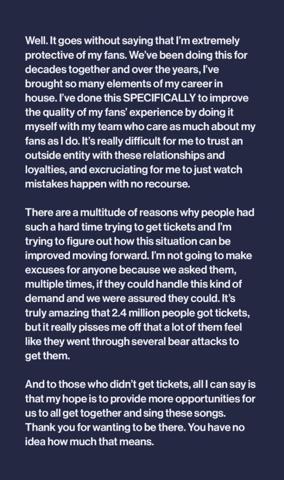 Taylor Swift ticket disaster response on Instagram Story