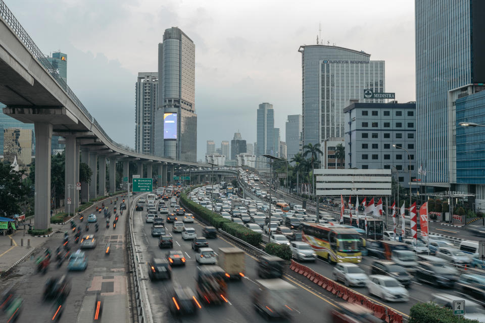 Heavy traffic on highways at Tegal Parang, South Jakarta, Indonesia, on Monday, Aug 15, 2022. (Photographer: Muhammad Fadli/Bloomberg)
