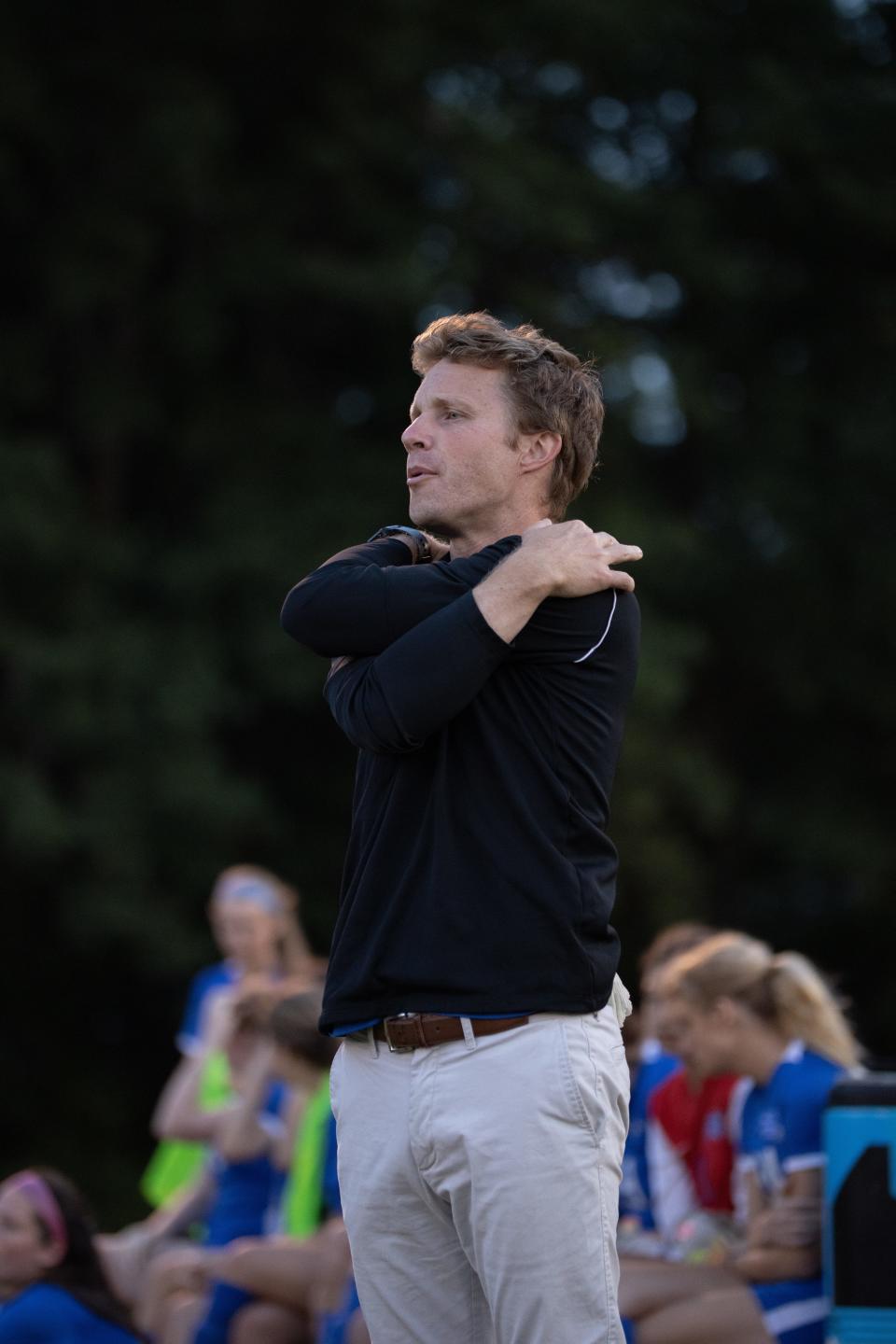 St. Andrew's coach Ben Dombroski gestures on the sideline during the Lions state playoff win over Deerfield-Windsor Wednesday.