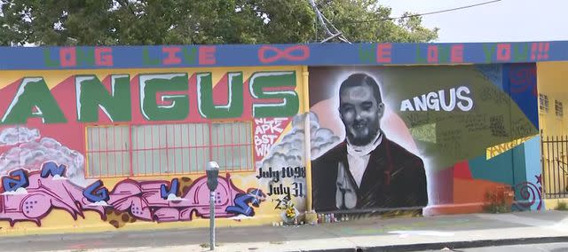 <p>KPIX | CBS NEWS BAY AREA/Youtube</p> Angus Cloud is honored with a mural in his hometown of Oakland, California