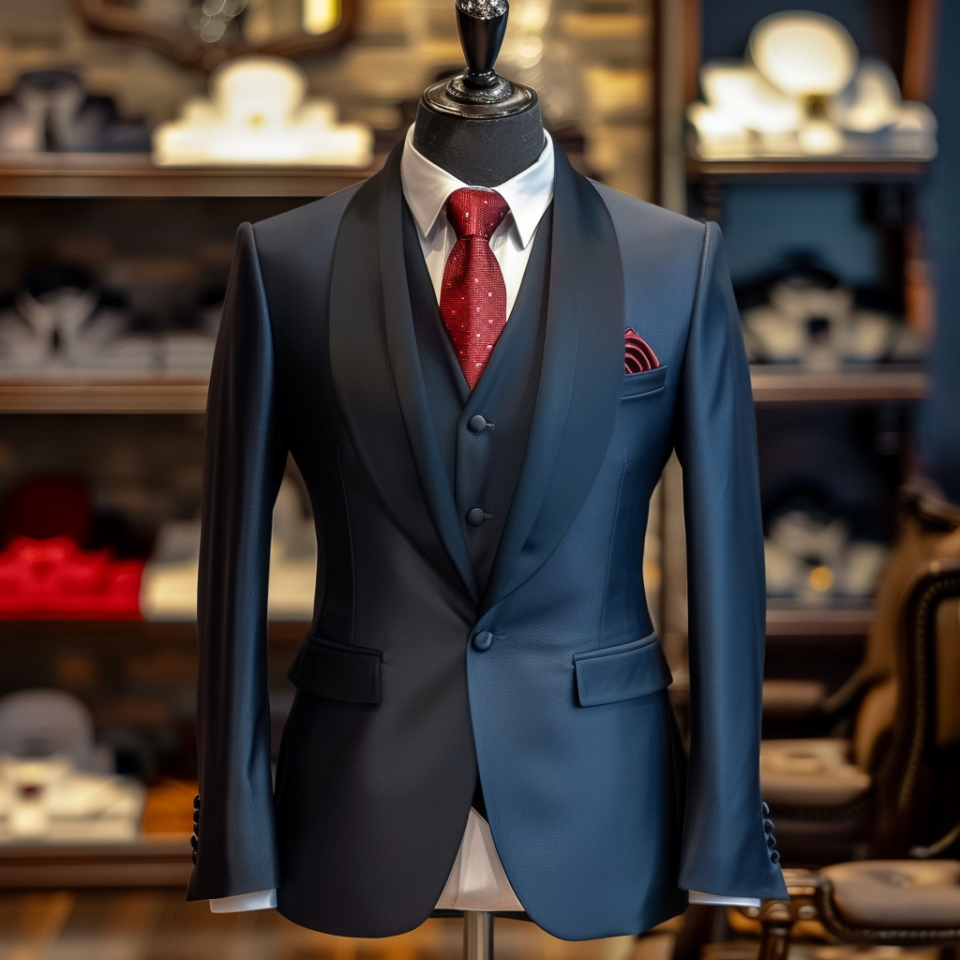 Mannequin wearing a tailored suit with a red tie and pocket square in a store