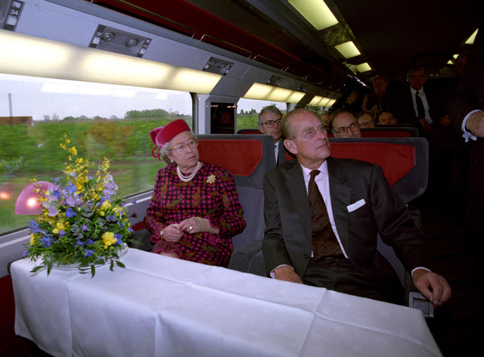 The pair on the new Eurostar train in 1994 (Picture: PA)