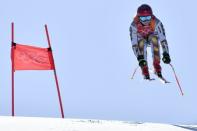 Feb 17, 2018; Pyeongchang, South Korea; Ester Ledecka (CZE) competes in the alpine skiing Super-G event during the Pyeongchang 2018 Olympic Winter Games at Jeongseon Alpine Centre. Mandatory Credit: Michael Madrid-USA TODAY Sports