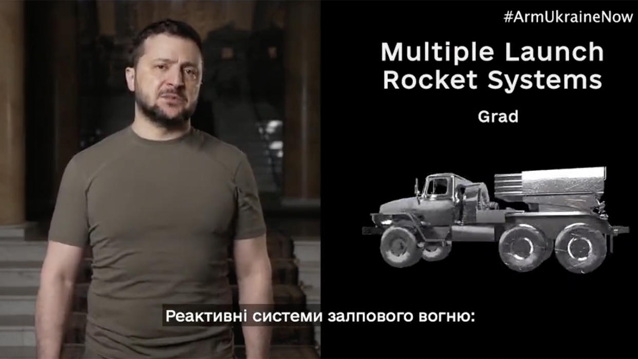 Ukrainian President Volodymyr Zelensky in a split-screen image with an illustration of a truck carrying a rocket launcher.