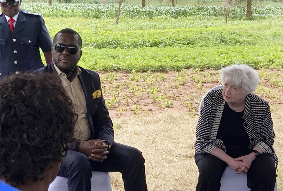 U.S. Treasury Secretary Janet Yellen visits a female-savings co-op and small-holding farm in Chongwe, Zambia, Tuesday, Jan. 24, 2023, as part of a Treasury ten-day tour of Africa, with stops in Senegal, Zambia and South Africa. (AP Photo/Fatima Hussein)