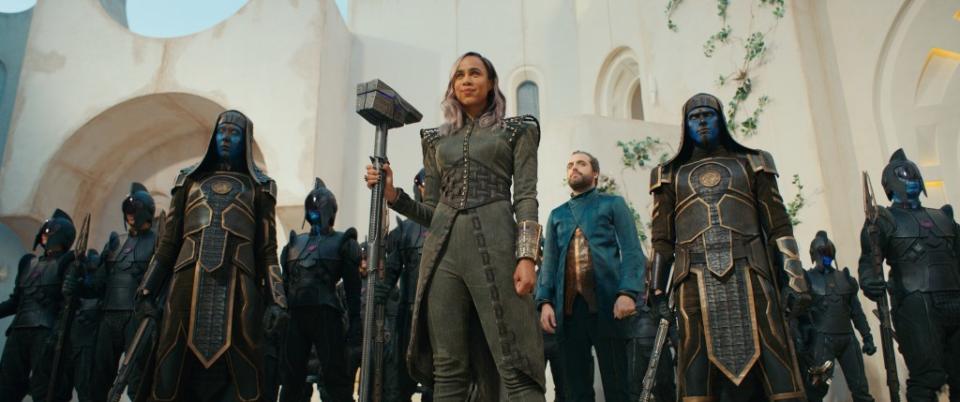 (Center, L-R): Zawe Ashton as Dar-Benn and Daniel Ings as Ty-Rone in Marvel Studios’ THE MARVELS. Photo courtesy of Marvel Studios. © 2023 MARVEL.