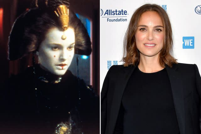 Everette Collection; Emma McIntyre/Getty Images Natalie Portman in character as Padmé Amidala in ‘Star Wars: Episode I — The Phantom Menace’; Natalie Portman attending WE Day California at The Forum on April 25, 2019, in Inglewood, California.