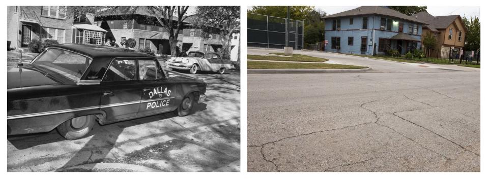 A Dallas Police Department vehicle is seen parked in the 400 block of 10th Street in the Oak Cliff neighborhood of Dallas, Texas in this undated image from 1963